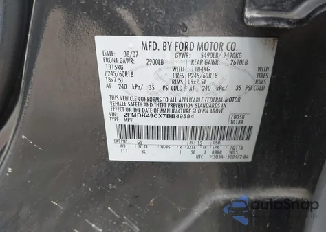 2007 Ford Edge Sel Plus из США, поврежденный, VIN 2FMDK49CX7BB49584